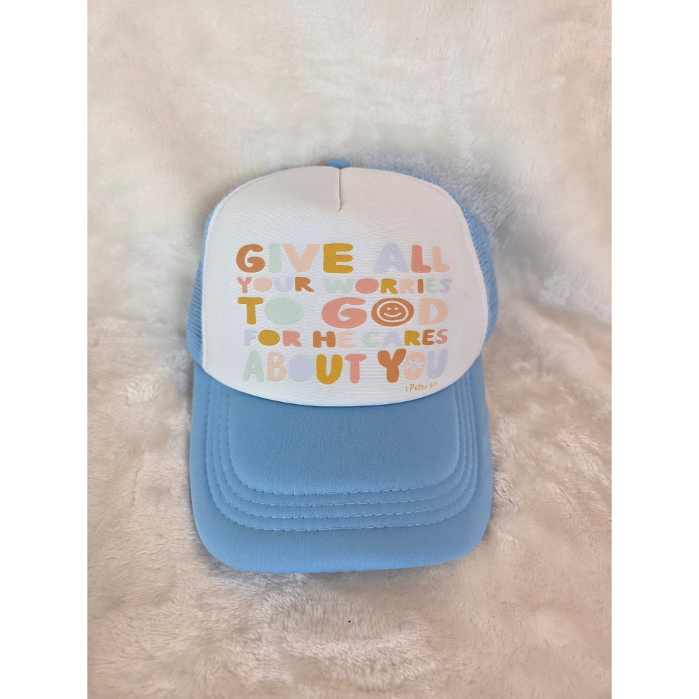 Inspirational Christian Trucker Hat "Give All Your Worries To God" Blue Mesh